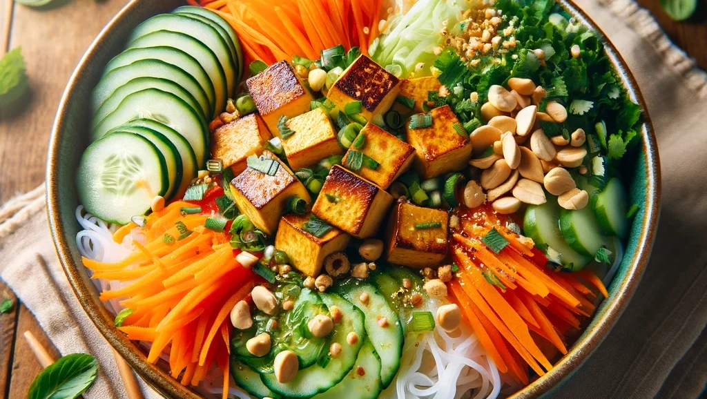 Vegan Bun Bo Nam Bo s uhrokou, mrkvou, tofu, orieškami