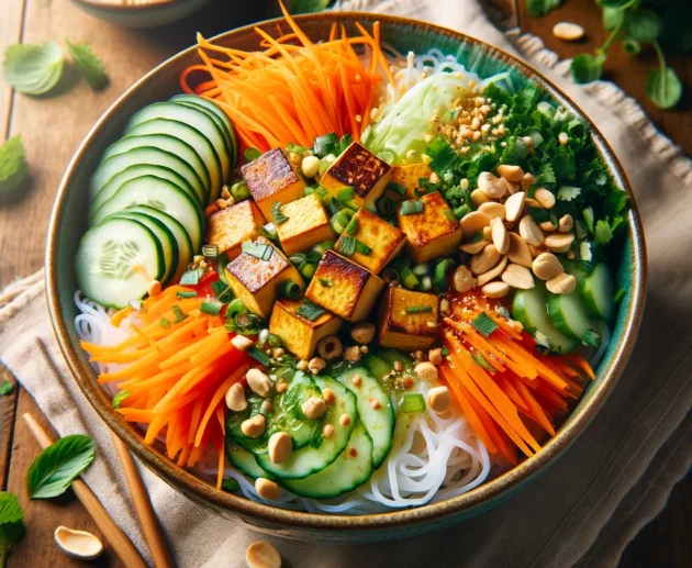 Vegan Bun Bo Nam Bo s uhrokou, mrkvou, tofu, orieškami