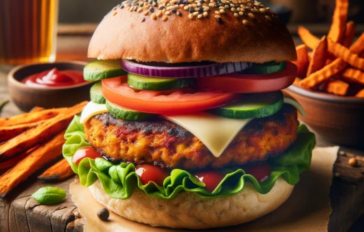 Vegan burger so sladkych zemiakov