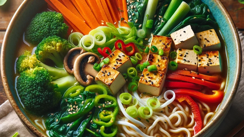 Vegetariansky ramen s brokolicou, mrkvou, šampiňónmi, rezancami a tofu