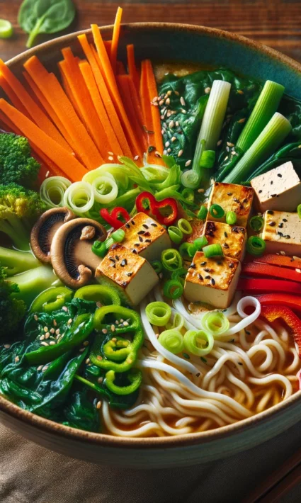 Vegetariansky ramen s brokolicou, mrkvou, šampiňónmi, rezancami a tofu